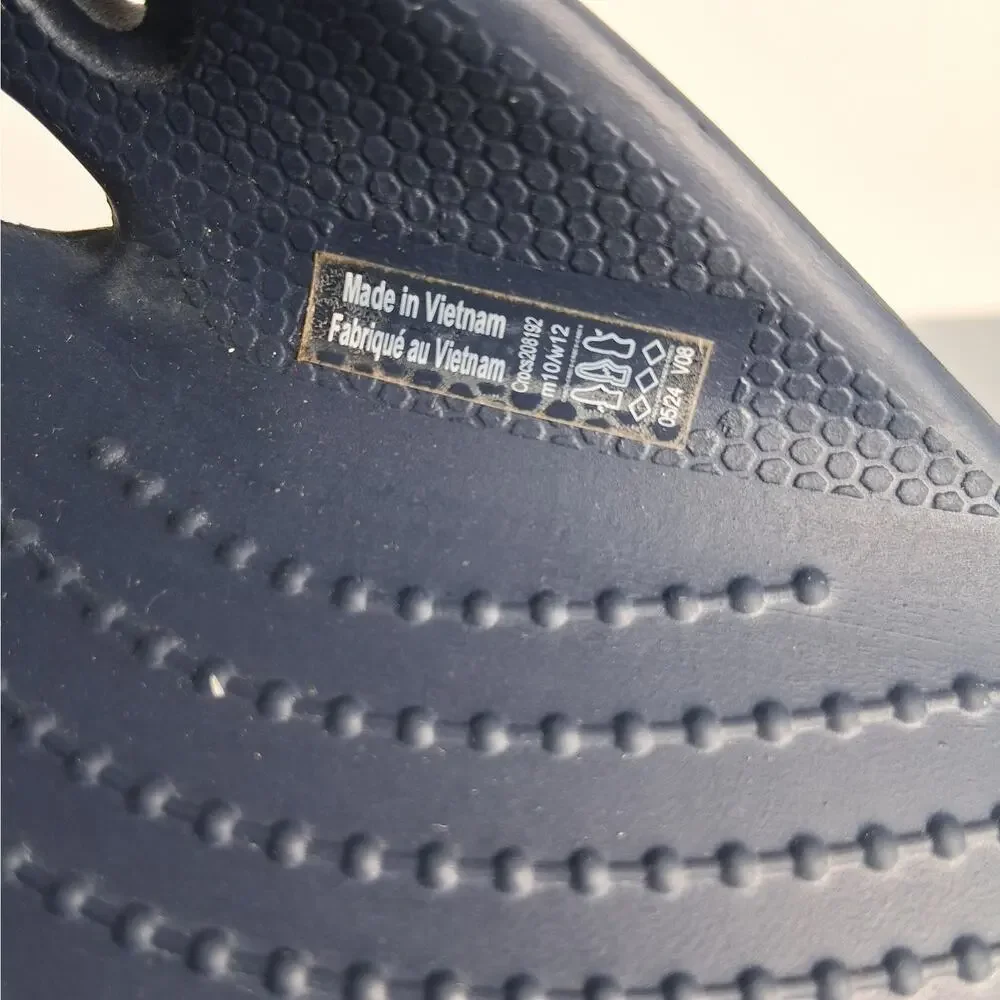 CROCS Baya II Flip Thong Sandals Men's 10 Women's 12 Navy Blue Spellout Cutout